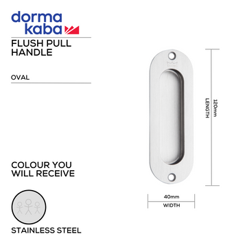 DORMAKABA Stainless Steel Pull Handle for patio and sliding doors, main product view with strong stainless style, 120mm (l) x 40mm (w).