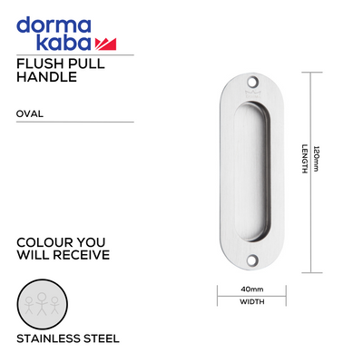 DORMAKABA Stainless Steel Pull Handle for patio and sliding doors, main product view with strong stainless style, 120mm (l) x 40mm (w).