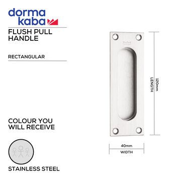 DORMAKABA Stainless Steel Pull Handle for patio and sliding doors, main product view with strong stainless style, 120mm (l) x 40mm (w).