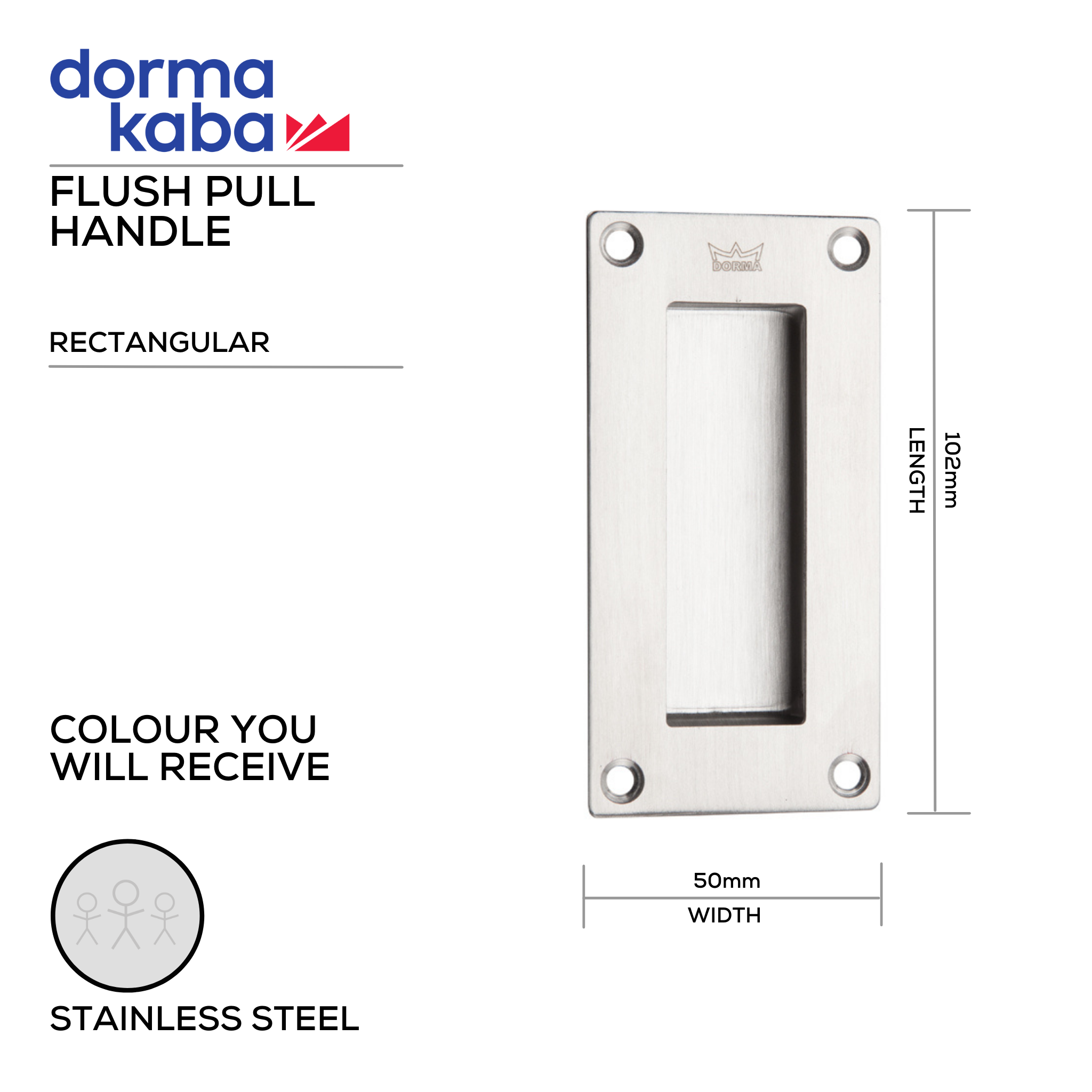 DFP-SS-026, Pull Handle, Recessed, Flush, Rectangular, 102mm (l) x 50mm (w), Stainless Steel, DORMAKABA