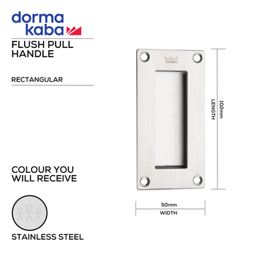 Main product view of DORMAKABA Stainless Steel Pull Handle, made for patio and sliding doors with tough stainless shine, 102mm (l) x 50mm (w).