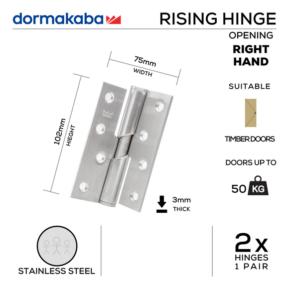DFR-SS-014 (R) , Falling Butt Hinge, Right Hand, 2 x Hinges (1 Pair), Max Door Weight: 50kg, 102mm (h) x 75mm (w) x 3mm (t), Stainless Steel, DORMAKABA