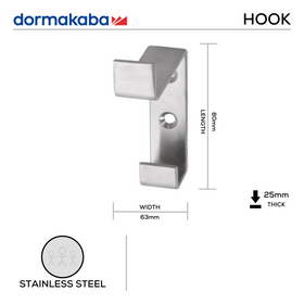 DHC-SS-030-A, Hat & Coat Hook, 80mm (l) x 63mm (w) x 25mm (t), Stainless Steel, DORMAKABA
