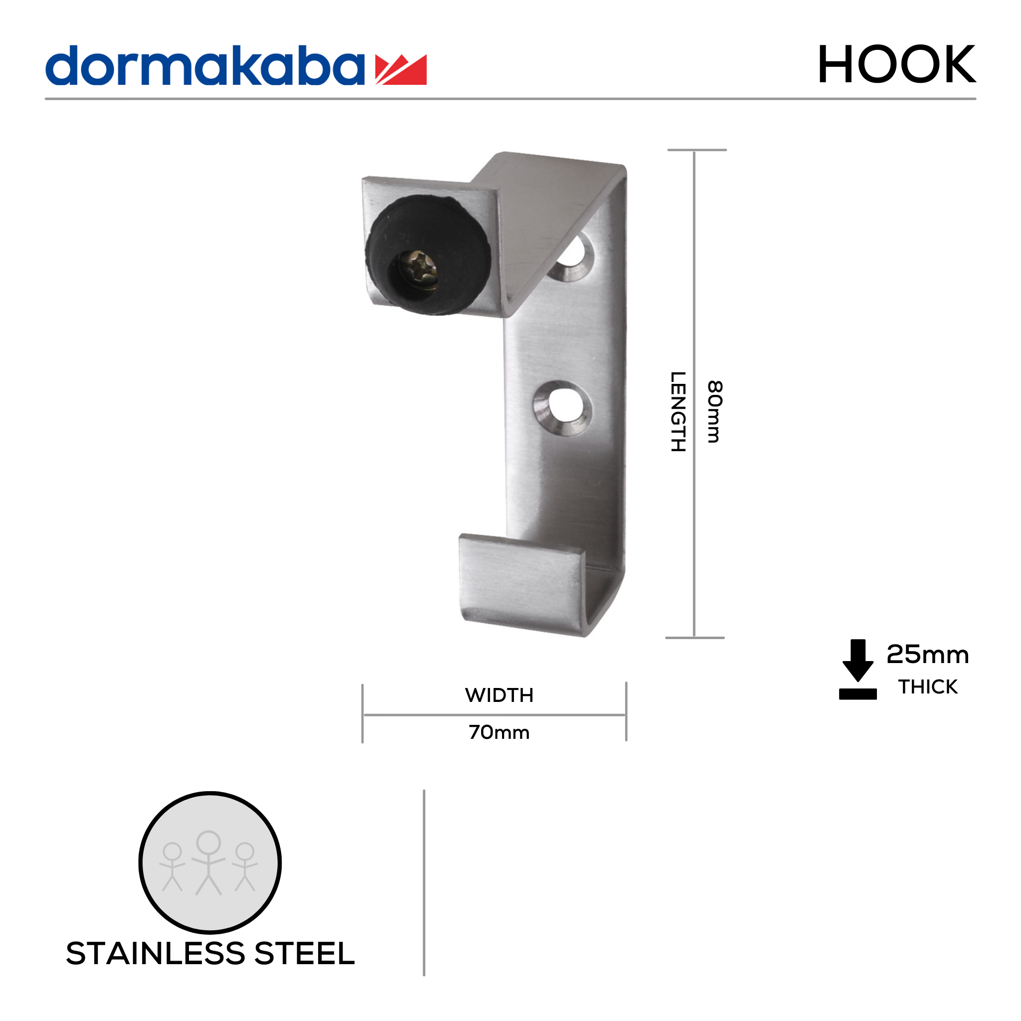 DHC-SS-031-B, Hat & Coat Hook with Rubber Buffer, 80mm (l) x 70mm (w) x 25mm (t), Stainless Steel, DORMAKABA