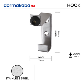 DHC-SS-031-B, Hat & Coat Hook with Rubber Buffer, 80mm (l) x 70mm (w) x 25mm (t), Stainless Steel, DORMAKABA