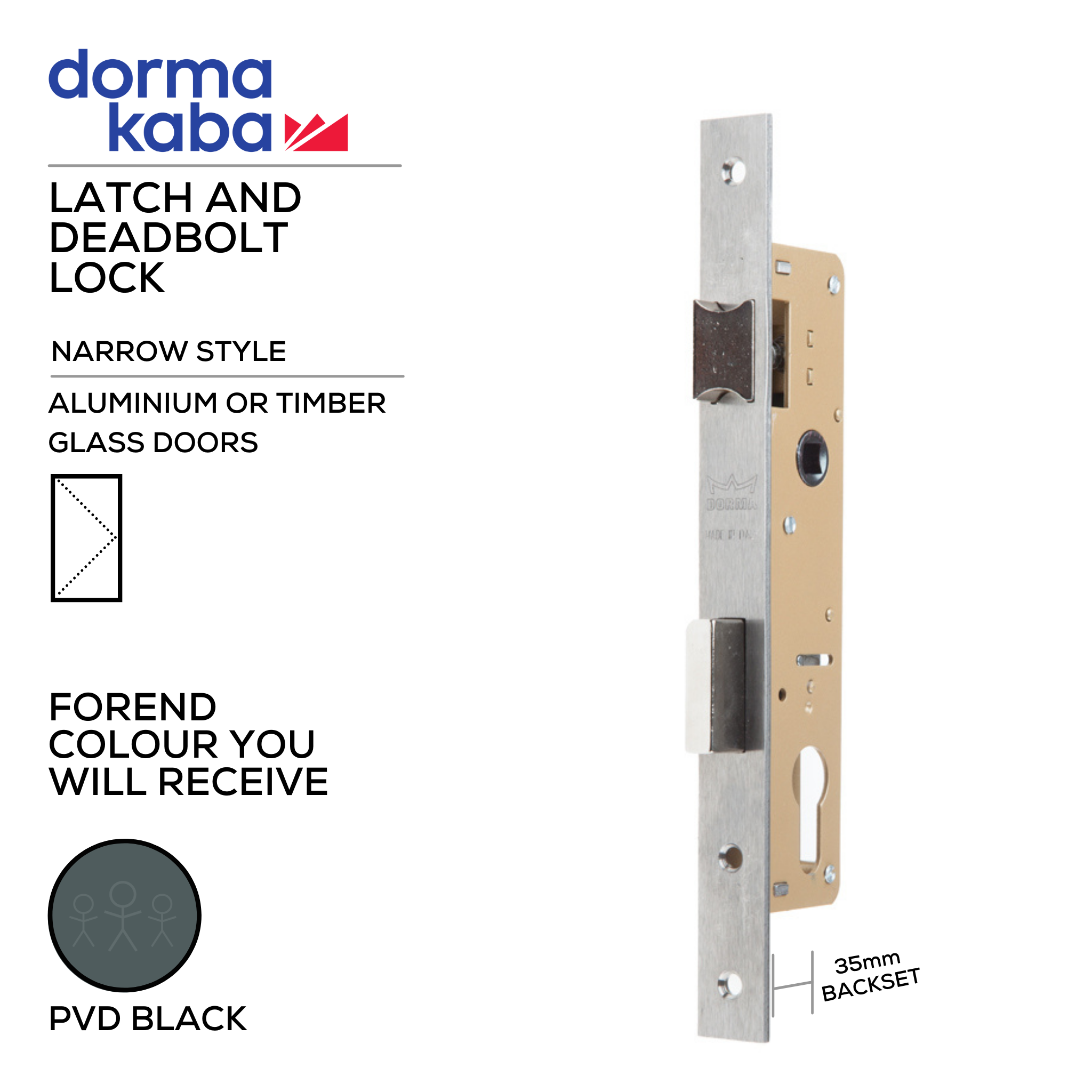 D02635 35mm - BLK, Narrow Style, Latch & Deadbolt Lock, Euro Cylinder, Excluding Cylinder, 35mm (Backset), PVD Black, DORMAKABA