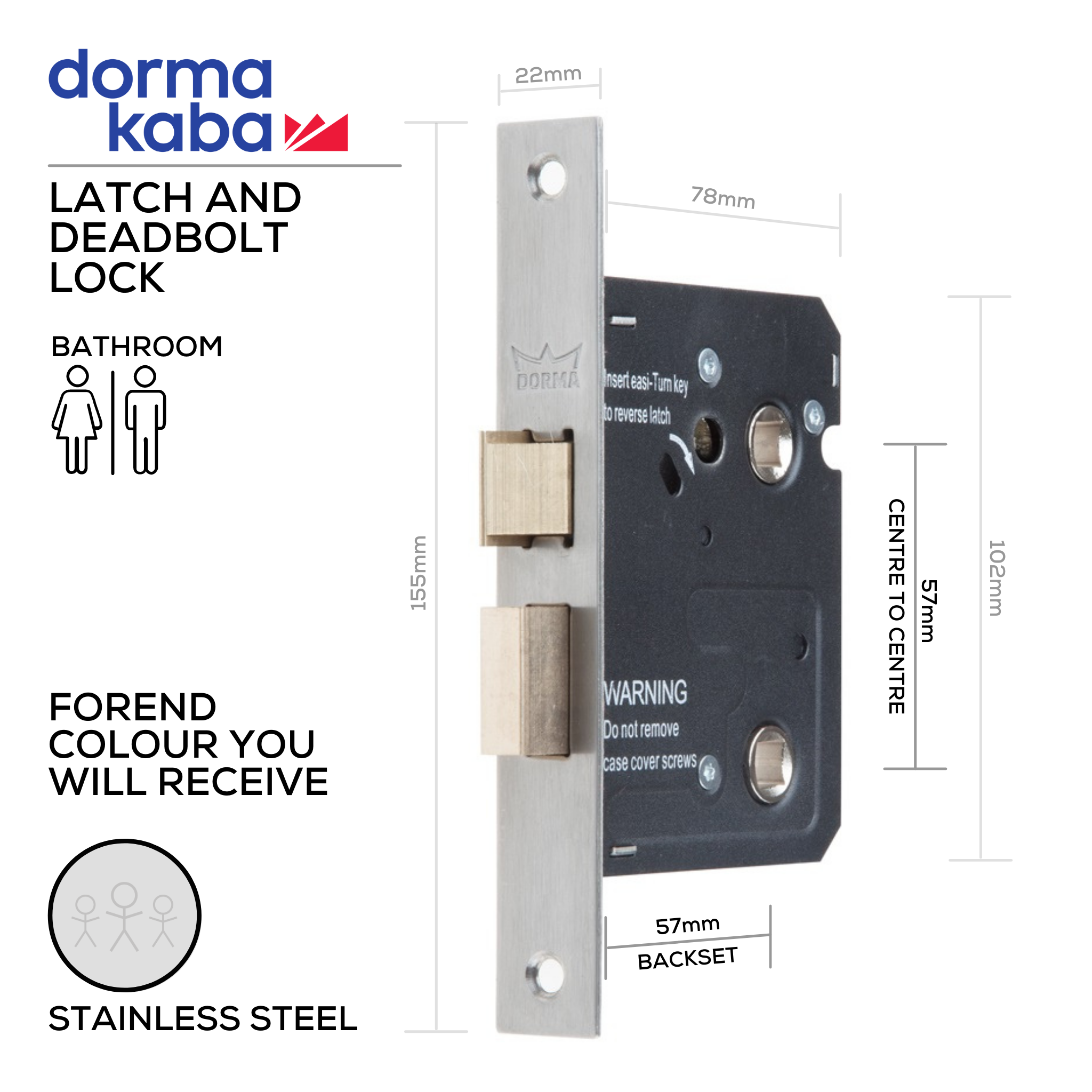 D035S Stainless Steel, Bathroom, Latch & Deadbolt Lock, WC Thumbturn Hardware, 57mm (Backset) x 57mm (ctc), Stainless Steel, DORMAKABA