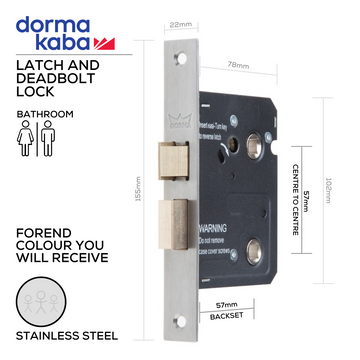 Main product view showing DORMAKABA Stainless Steel Door Lock — tough stainless shine for bathroom doors, 57mm (Backset) x 57mm (ctc).
