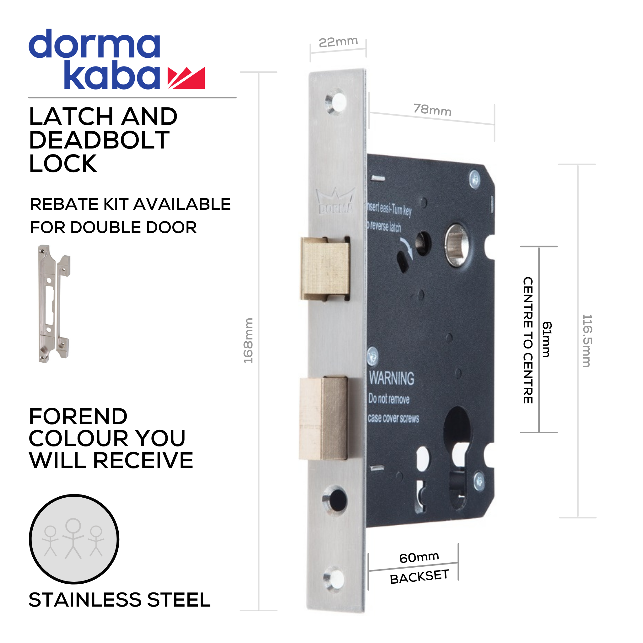 D036S Stainless Steel, Latch & Deadbolt Lock, Euro Cylinder, Excluding Cylinder, 57mm (Backset) x 61mm (ctc), Stainless Steel, DORMAKABA