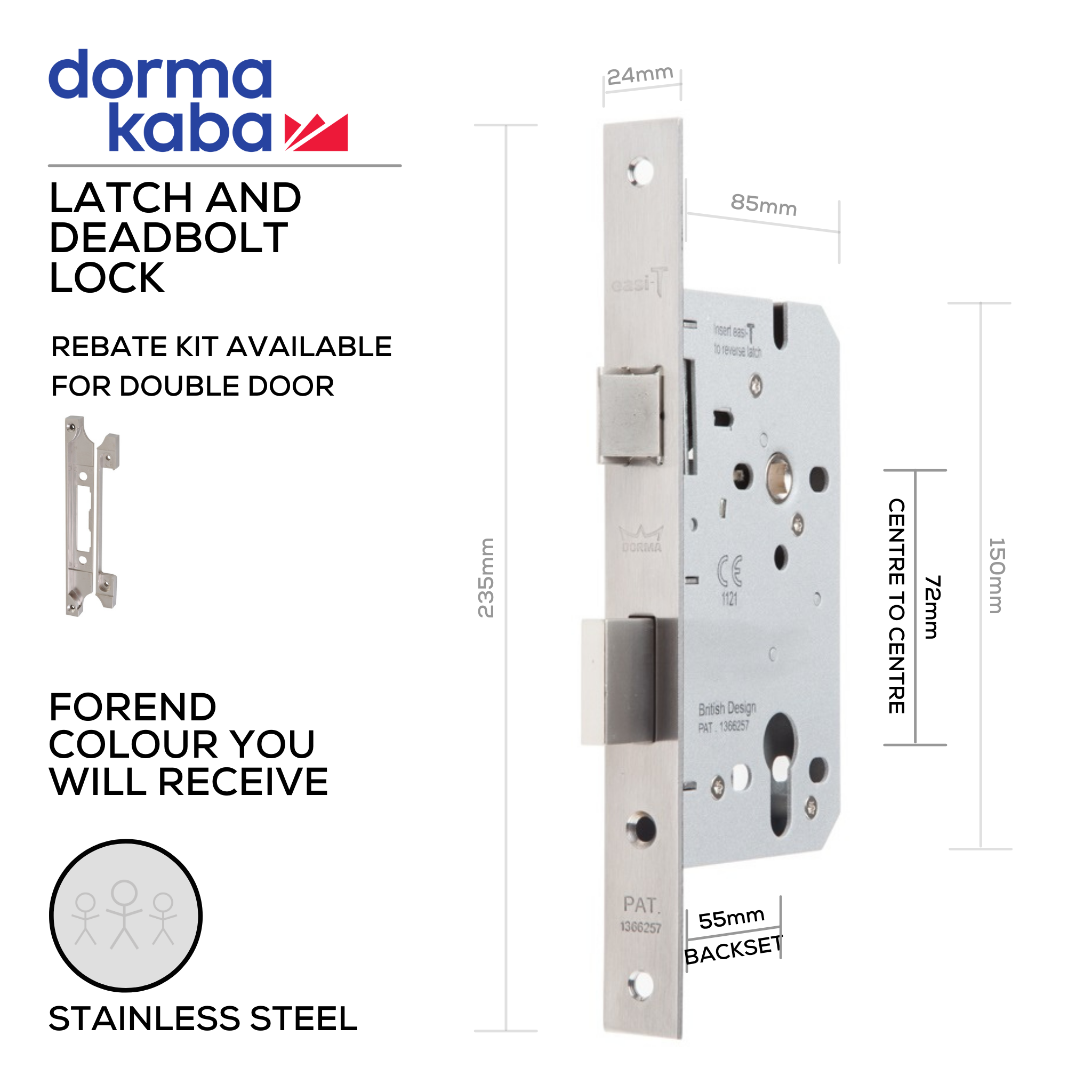 D072EC Stainless Steel, Latch & Deadbolt Lock, Euro Cylinder, Excluding Cylinder, 55mm (Backset) x 72mm (ctc), Stainless Steel, DORMAKABA