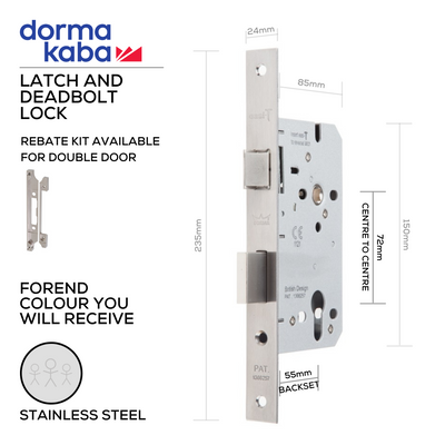 Main product view showing DORMAKABA Stainless Steel Cylinder Lock — tough stainless shine for doors, 55mm (Backset) x 72mm (ctc).