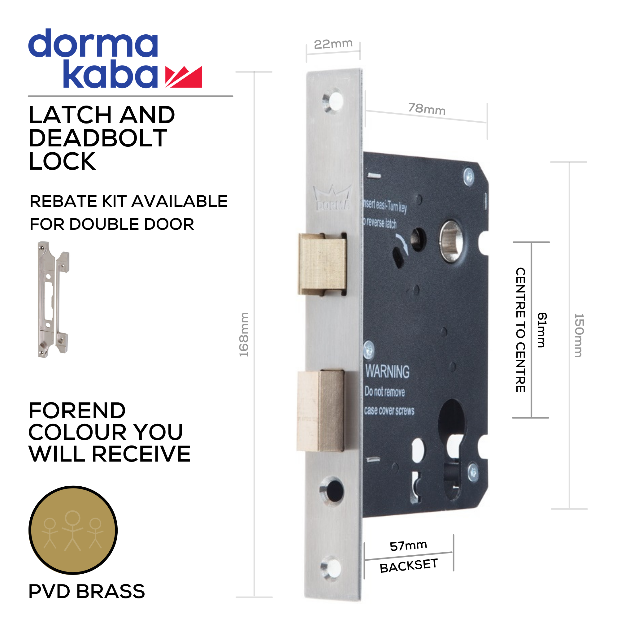 D036S PVD Brass, Latch & Deadbolt Lock, Euro Cylinder, Excluding Cylinder, 57mm (Backset) x 61mm (ctc), PVD Brass, DORMAKABA