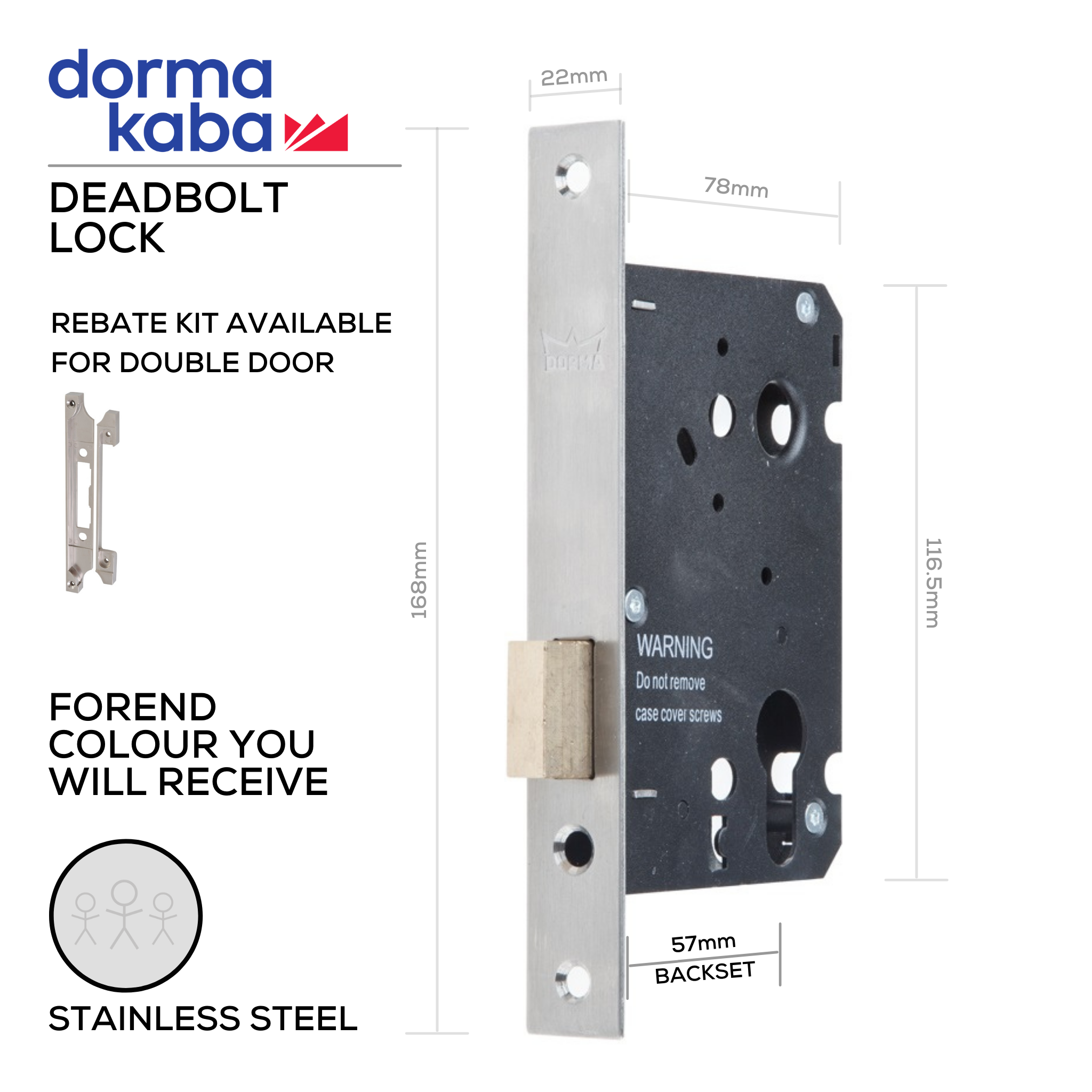 D037D Stainless Steel, Deadbolt Lock, Euro Cylinder, Excluding Cylinder, 57mm (Backset), Stainless Steel, DORMAKABA