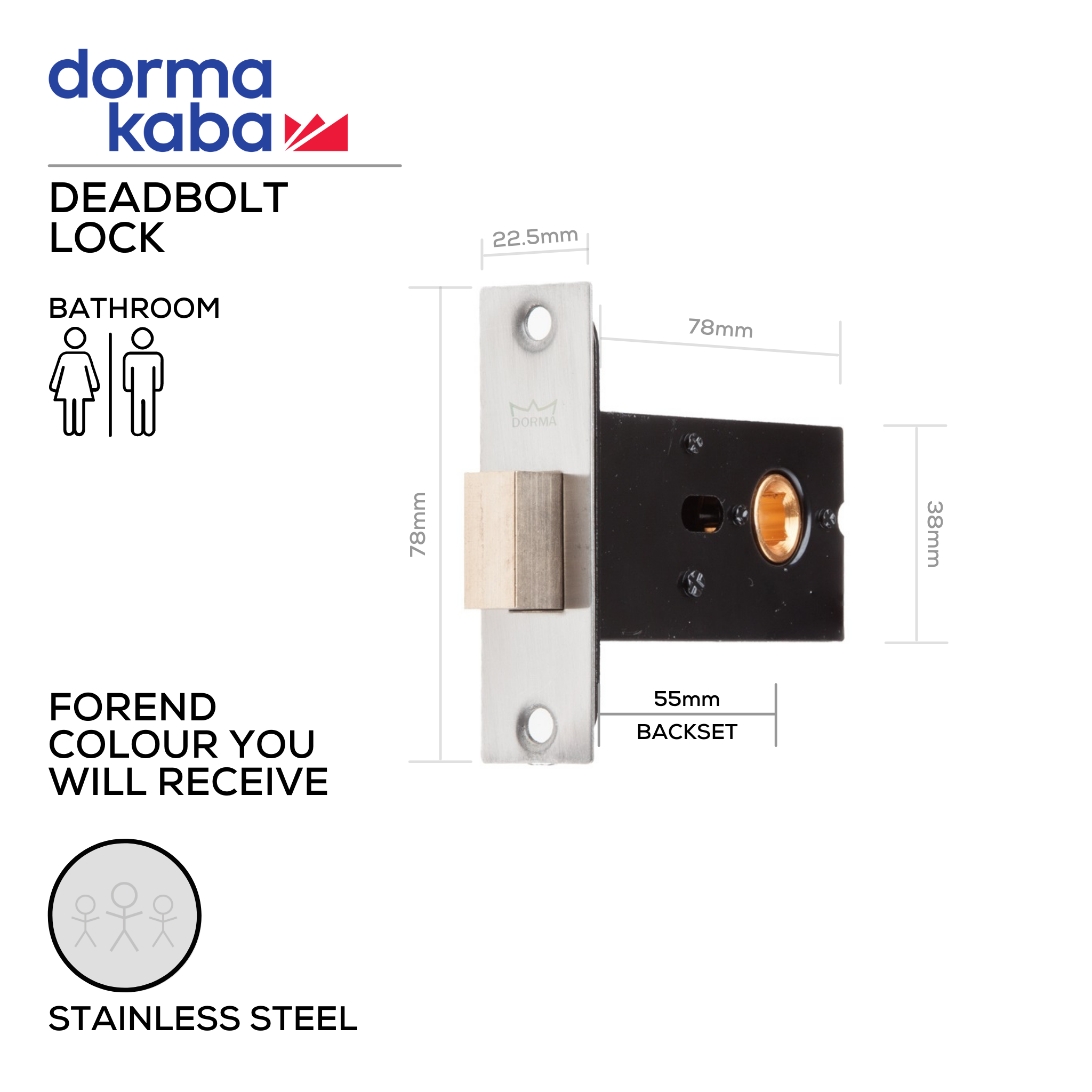 DMWC-SS-008 Stainless Steel, Bathroom, Deadbolt Lock, WC Thumbturn Hardware, Excludes Thumbturn, 55mm (Backset), Stainless Steel, DORMAKABA