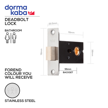 DORMAKABA Stainless Steel Door Lock for bathroom doors, main product view with strong stainless style, 55mm (Backset).