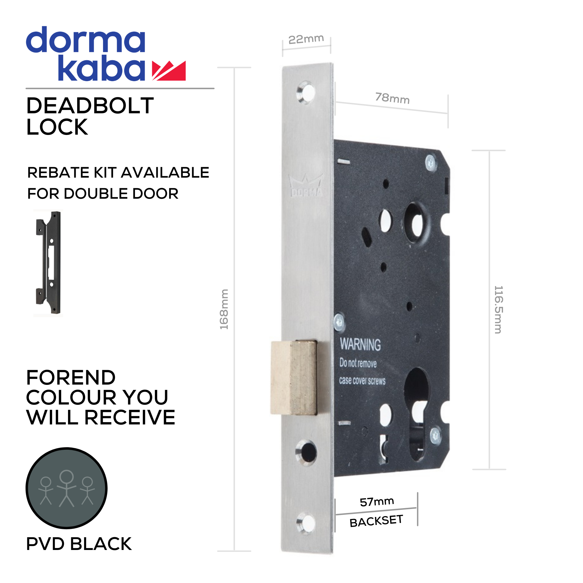 D037D PVD Black, Deadbolt Lock, Euro Cylinder, Excluding Cylinder, 57mm (Backset), PVD Black, DORMAKABA