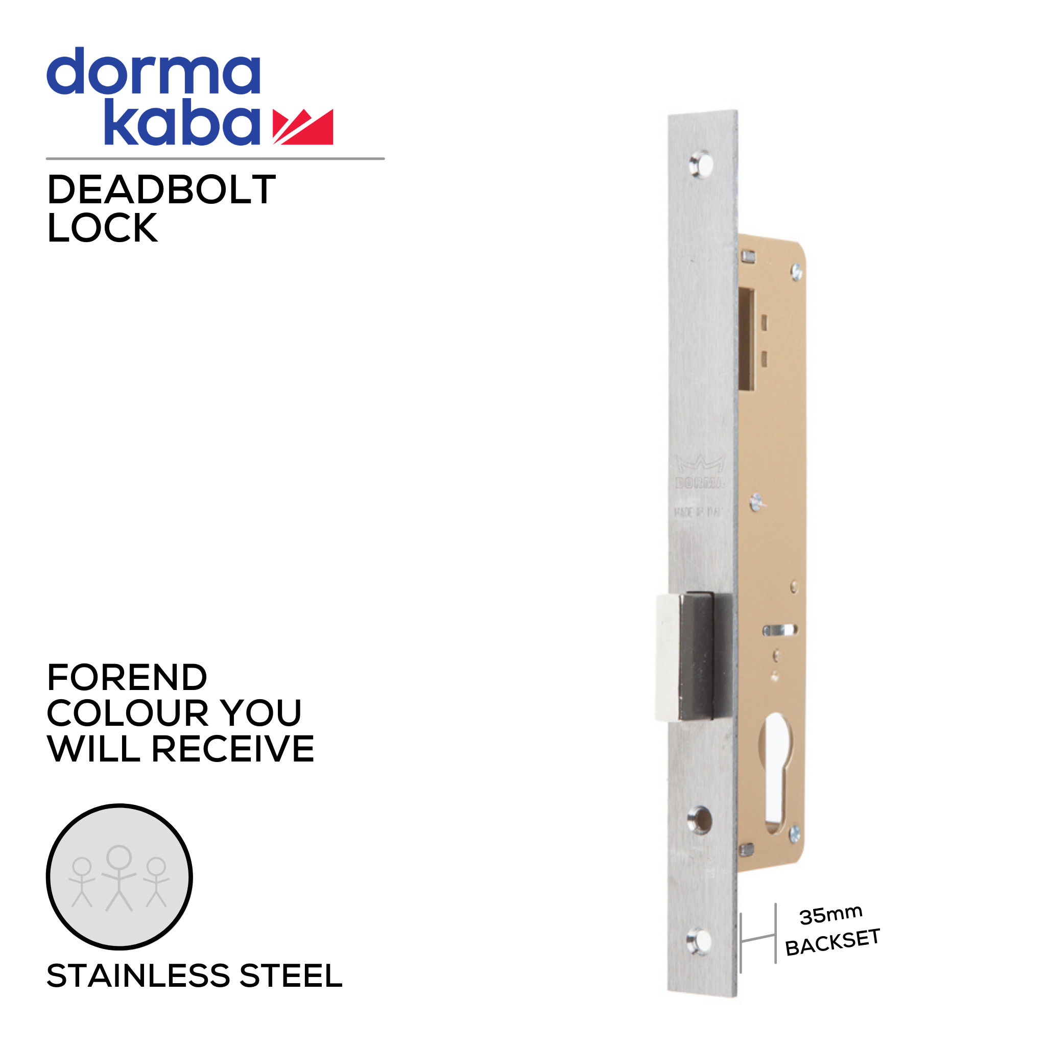 D02725 35mm, Deadbolt Lock, Euro Cylinder, Excluding Cylinder, 35mm (Backset), Stainless Steel, DORMAKABA