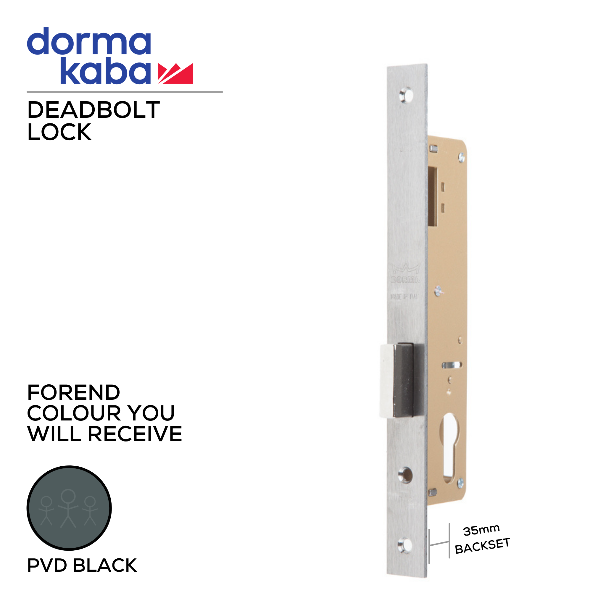 D02735 35mm - BLK, Deadbolt Lock, Euro Cylinder, Excluding Cylinder, 35mm (Backset), PVD Black, DORMAKABA