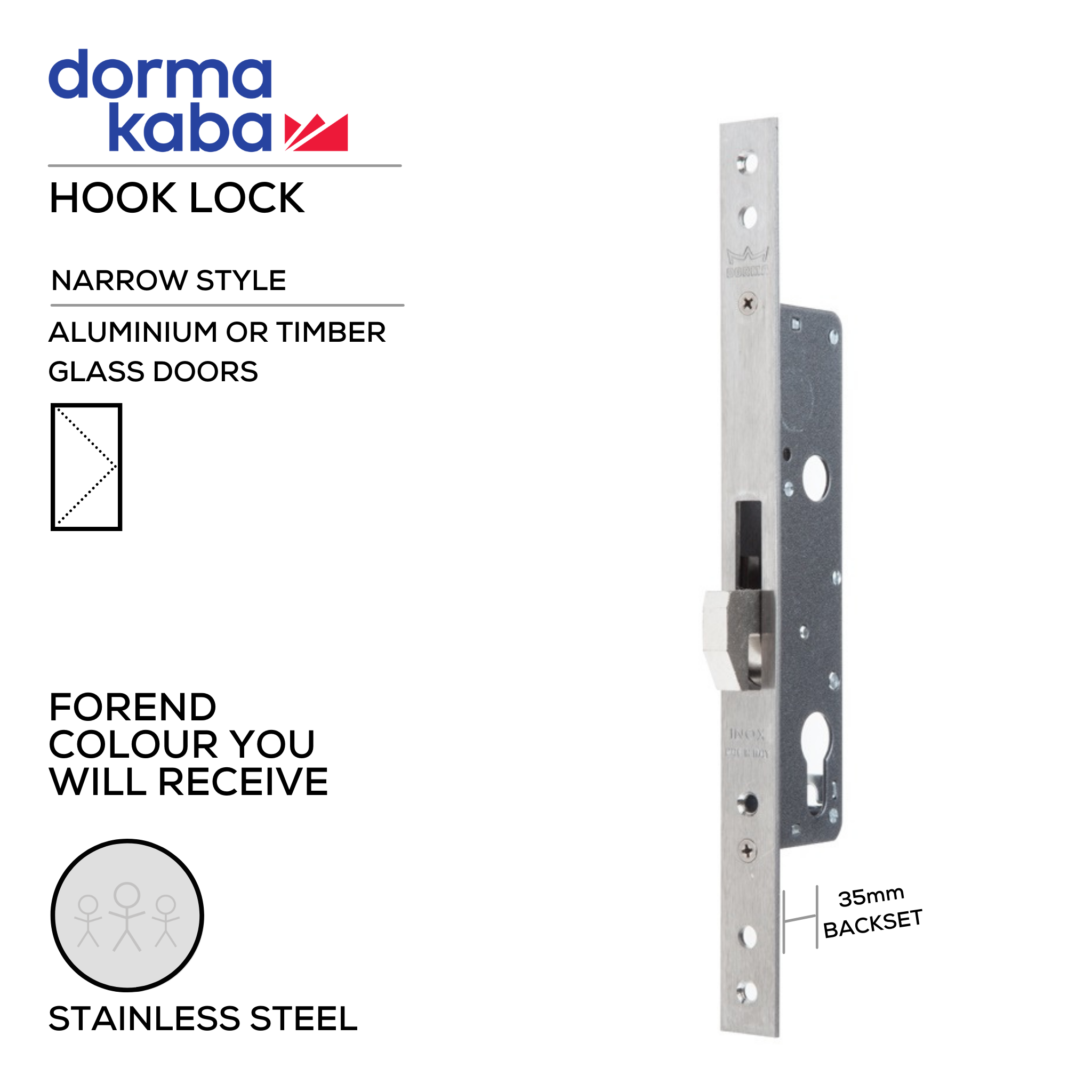 D02935 35, Narrow Style, Hook Lock, Euro Cylinder, Excluding Cylinder, 35mm (Backset), Stainless Steel, DORMAKABA