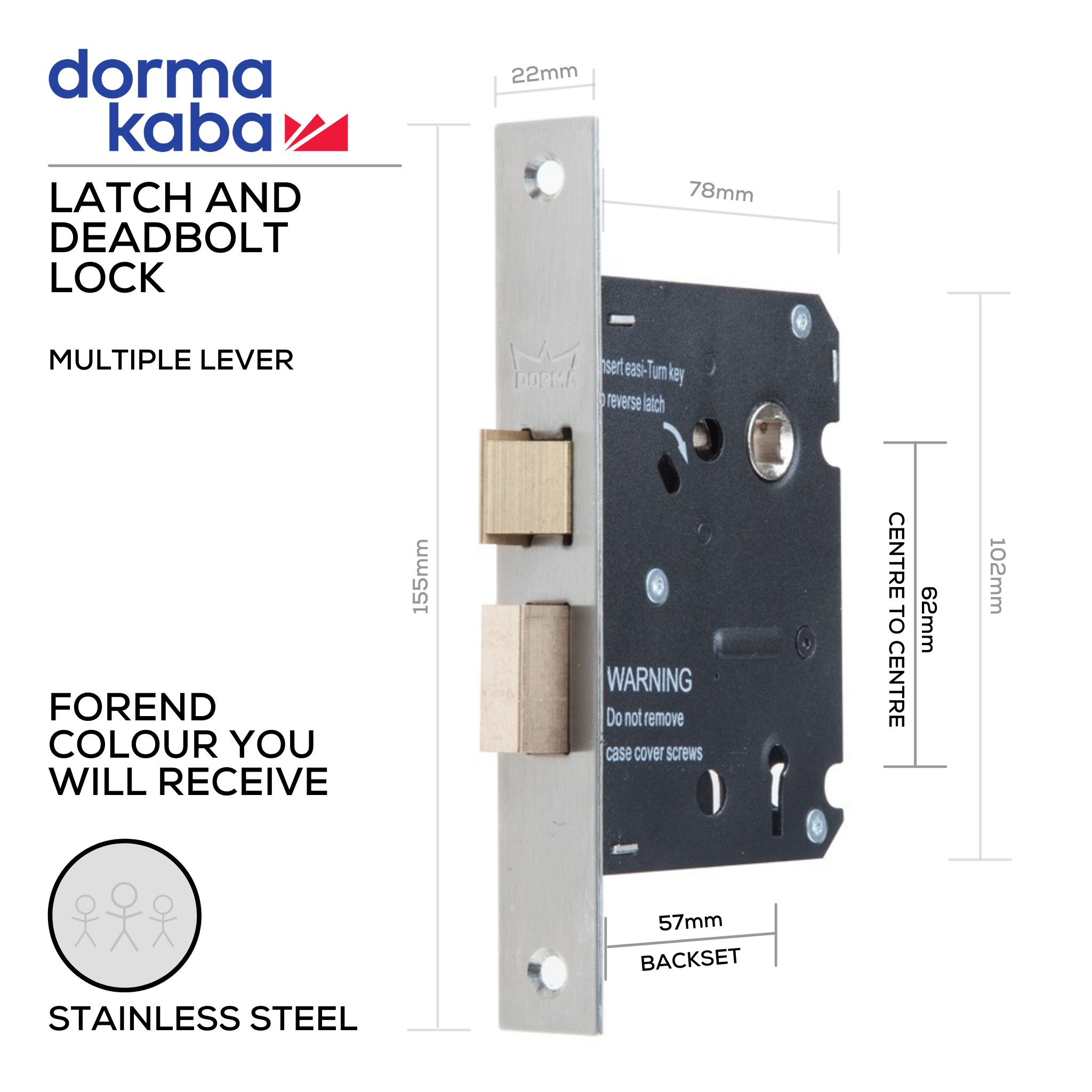 D034S Stainless Steel, Multiple Lever, Latch & Deadbolt Lock, Euro Cylinder, Excluding Cylinder, 57mm (Backset) x 62mm (ctc), Stainless Steel, DORMAKABA