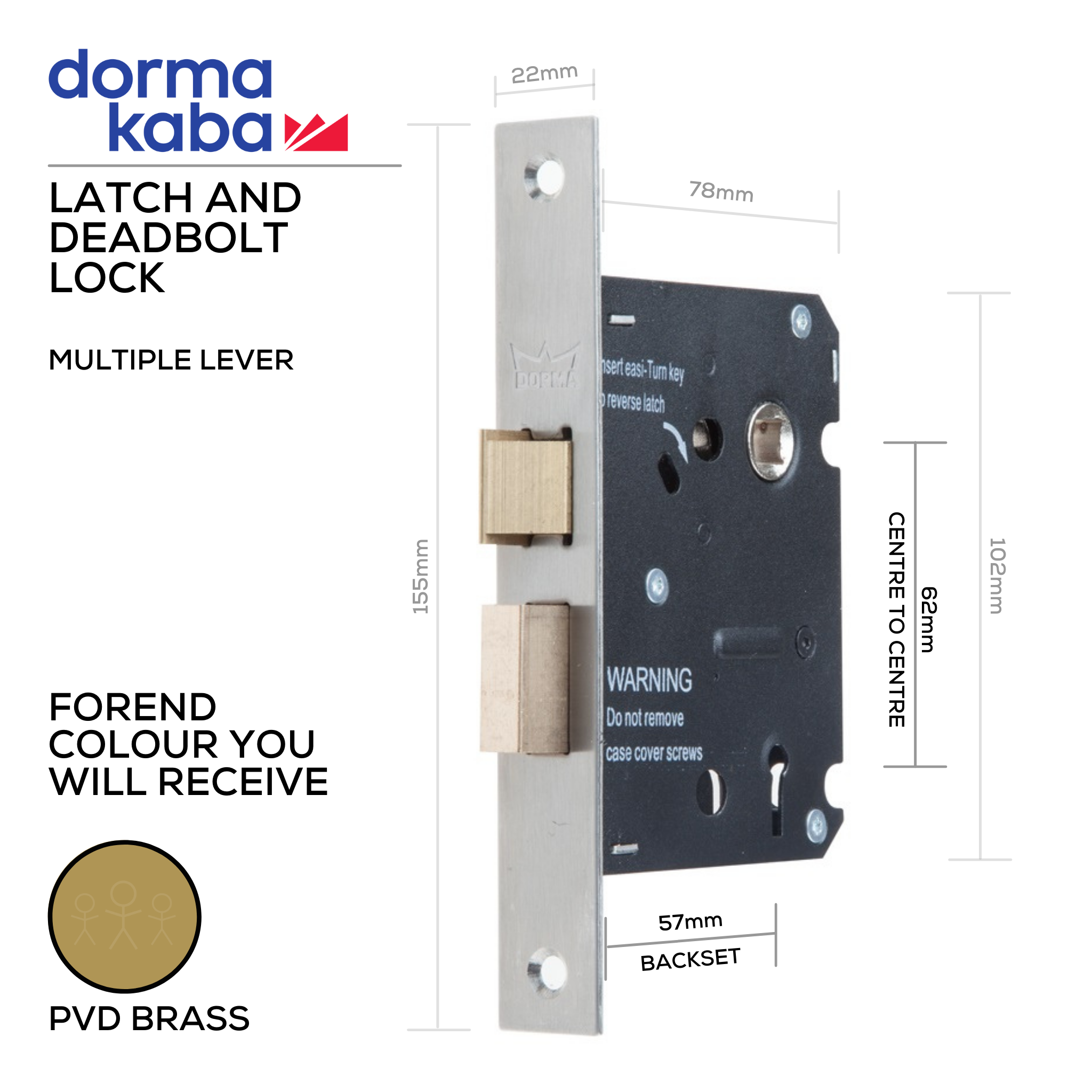 D034S PVD Brass, Multiple Lever, Latch & Deadbolt Lock, Euro Cylinder, Excluding Cylinder, 57mm (Backset) x 62mm (ctc), PVD Brass, DORMAKABA