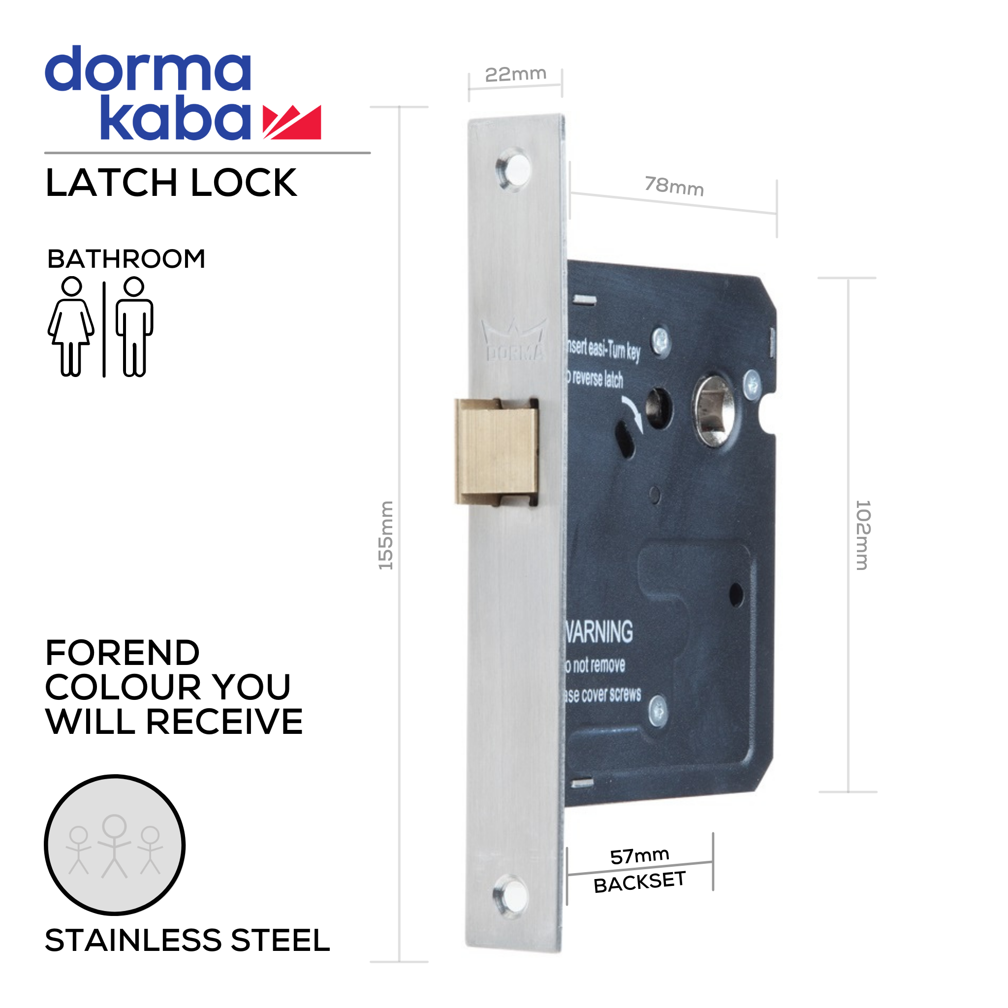 D031L Stainless Steel, Bathroom, Latch Lock, WC Thumbturn Hardware, Excludes Thumbturn, 57mm (Backset), Stainless Steel, DORMAKABA