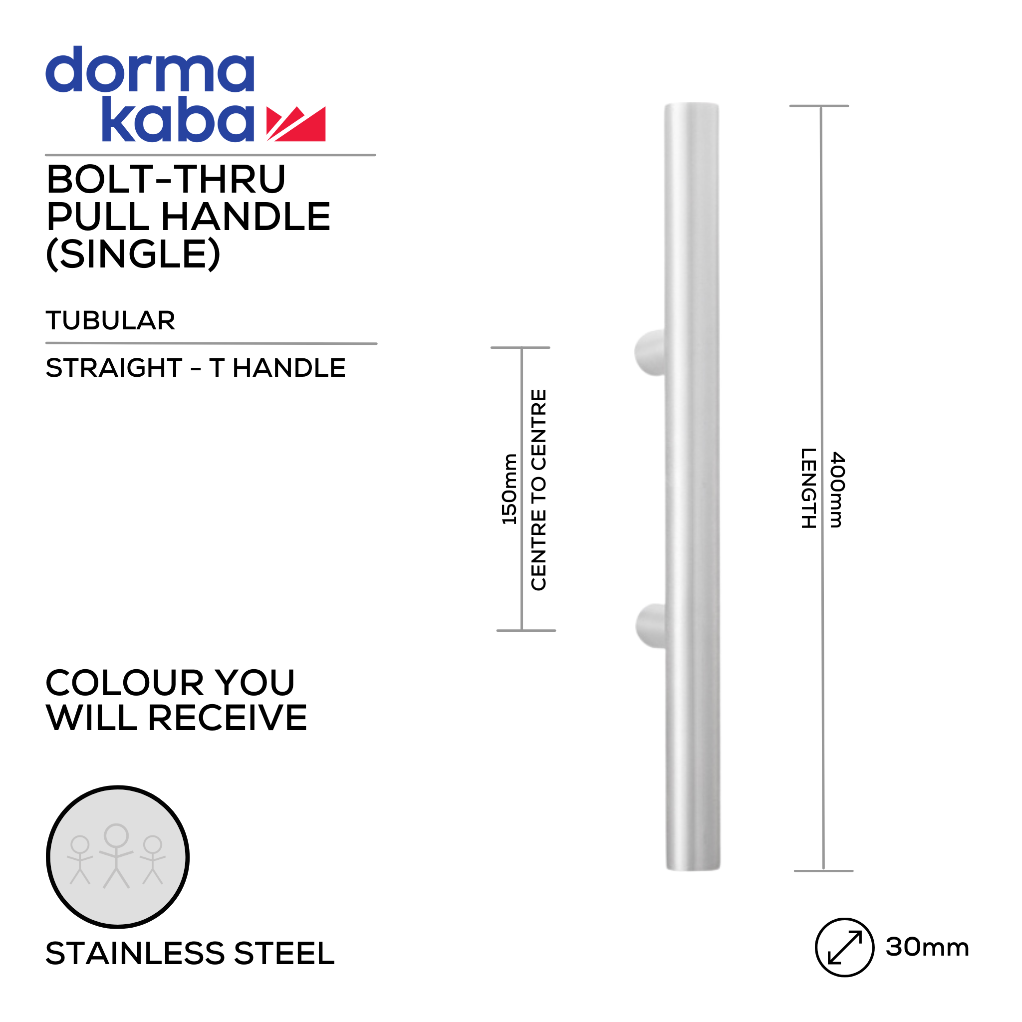 DPH 205 BT, Pull Handle, Tubular, Straight, T Handle, BoltThru, 30mm (Ø) x 400mm (l) x 150mm (ctc), Stainless Steel, DORMAKABA