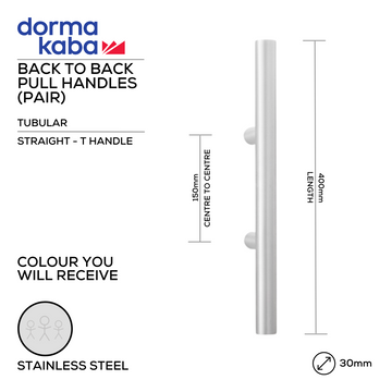 Main product view showing DORMAKABA Stainless Steel Pull Handle — tough stainless shine for patio and sliding doors, 30mm (Ø) x 400mm (l).