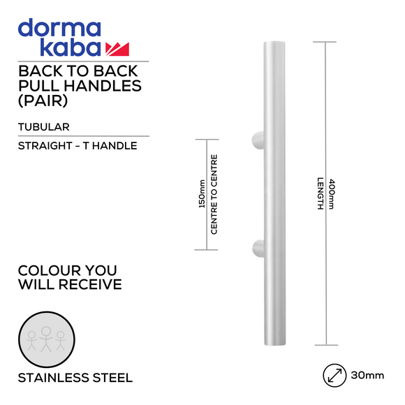 DPH 205 BTB, Pull Handle, Tubular, Straight, T Handle, BTB, 30mm (Ø) x 400mm (l) x 150mm (ctc), Stainless Steel, DORMAKABA