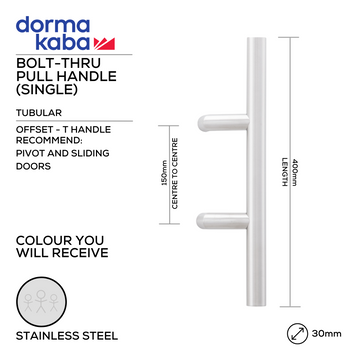 DORMAKABA Stainless Steel Pull Handle shown in main product view, giving patio and sliding doors clean stainless confidence, 30mm (Ø) x 400mm (l).