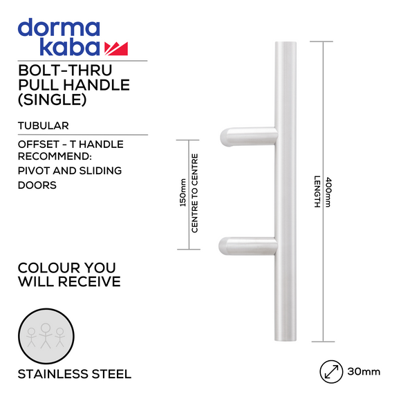DPH 206 BT, Pull Handle, Tubular, Offset, T Handle, BoltThru, 30mm (Ø) x 400mm (l) x 150mm (ctc), Stainless Steel, DORMAKABA