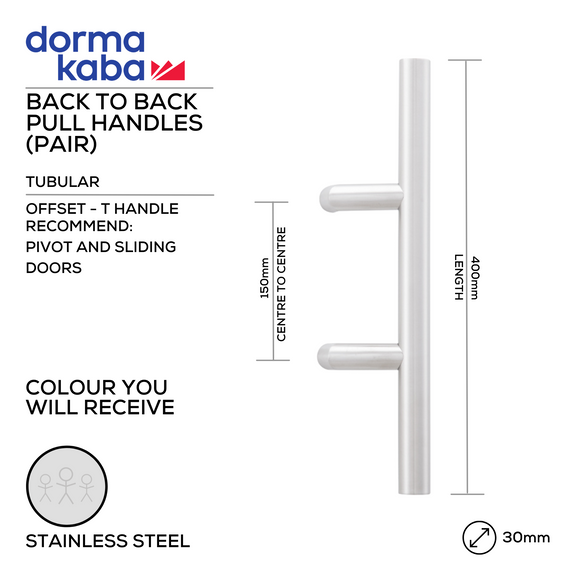 DPH 206 BTB, Pull Handle, Tubular, Offset, T Handle, BTB, 30mm (Ø) x 400mm (l) x 150mm (ctc), Stainless Steel, DORMAKABA