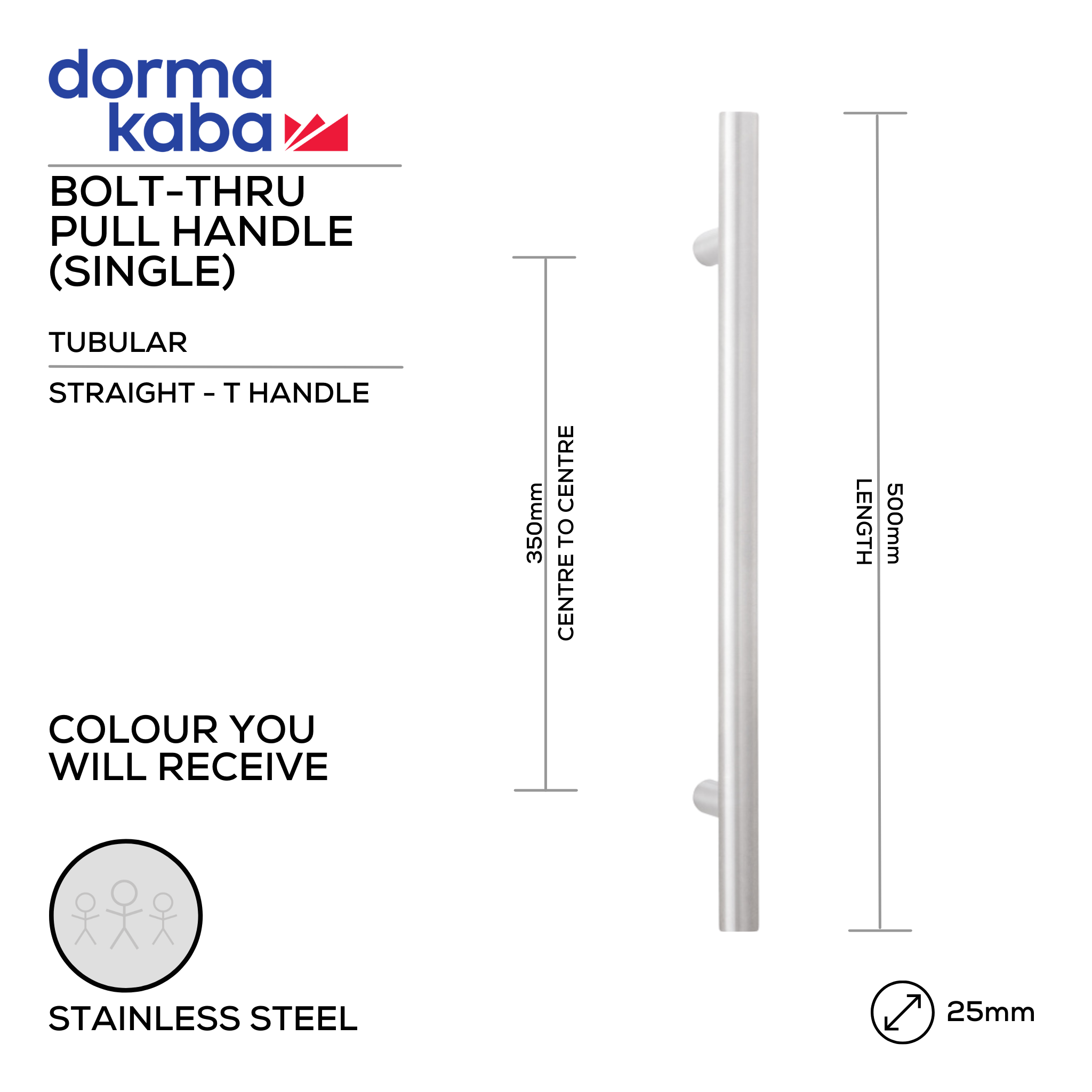 DPH 207 BT, Pull Handle, Tubular, Straight, T Handle, BoltThru, 25mm (Ø) x 500mm (l) x 350mm (ctc), Stainless Steel, DORMAKABA