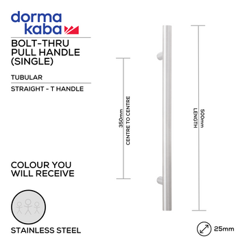 Main product view showing DORMAKABA Stainless Steel Pull Handle — tough stainless shine for patio and sliding doors, 25mm (Ø) x 500mm (l).