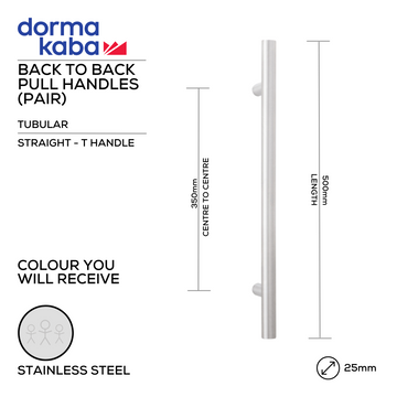 DORMAKABA Stainless Steel Pull Handle shown in main product view, giving patio and sliding doors clean stainless confidence, 25mm (Ø) x 500mm (l).