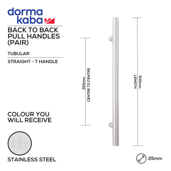 DPH 207 BTB, Pull Handle, Tubular, Straight, T Handle, BTB, 25mm (Ø) x 500mm (l) x 350mm (ctc), Stainless Steel, DORMAKABA