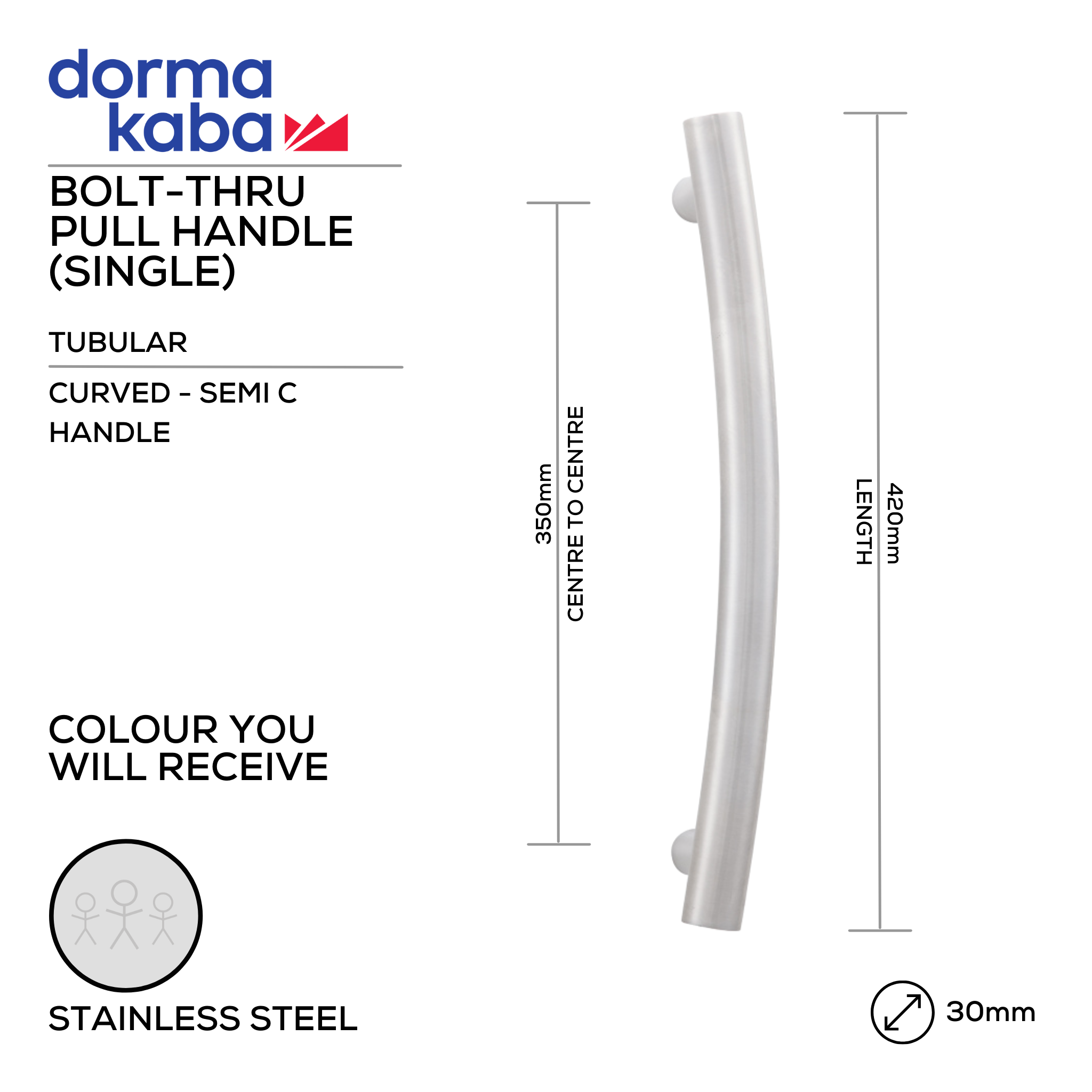 DPH 208 BT, Pull Handle, Tubular, Curved, Semi C Handle, BoltThru, 30mm (Ø) x 420mm (l) x 350mm (ctc), Stainless Steel, DORMAKABA