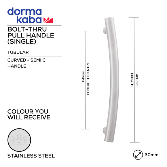 DPH 208 BT, Pull Handle, Tubular, Curved, Semi C Handle, BoltThru, 30mm (Ø) x 420mm (l) x 350mm (ctc), Stainless Steel, DORMAKABA