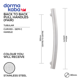 DPH 208 BTB, Pull Handle, Tubular, Curved, Semi C Handle, BTB, 30mm (Ø) x 420mm (l) x 350mm (ctc), Stainless Steel, DORMAKABA