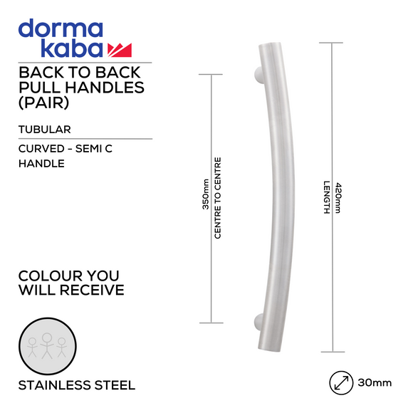 DPH 208 BTB, Pull Handle, Tubular, Curved, Semi C Handle, BTB, 30mm (Ø) x 420mm (l) x 350mm (ctc), Stainless Steel, DORMAKABA