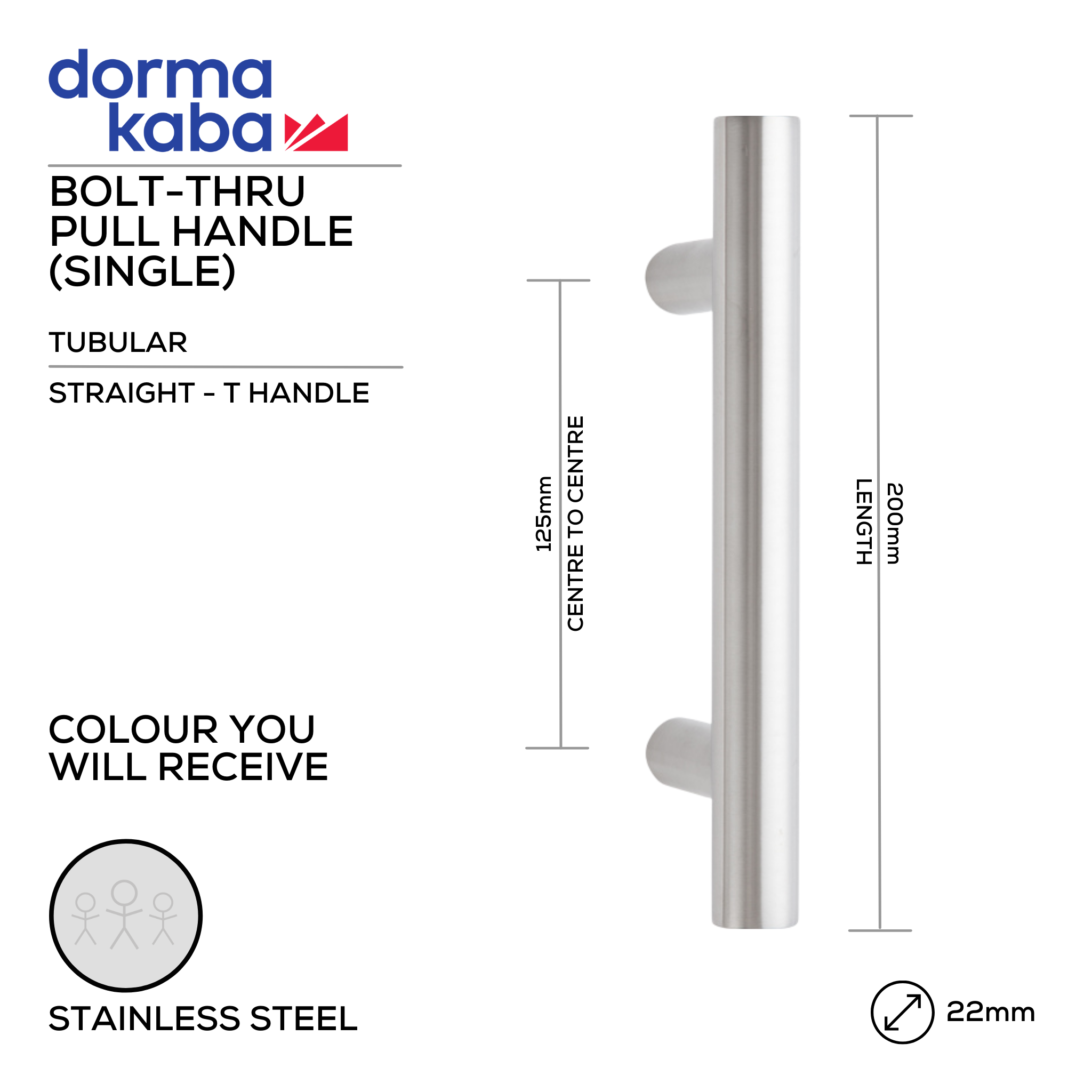 DPH 209 BT, Pull Handle, Tubular, Straight, T Handle, BoltThru, 22mm (Ø) x 200mm (l) x 125mm (ctc), Stainless Steel, DORMAKABA