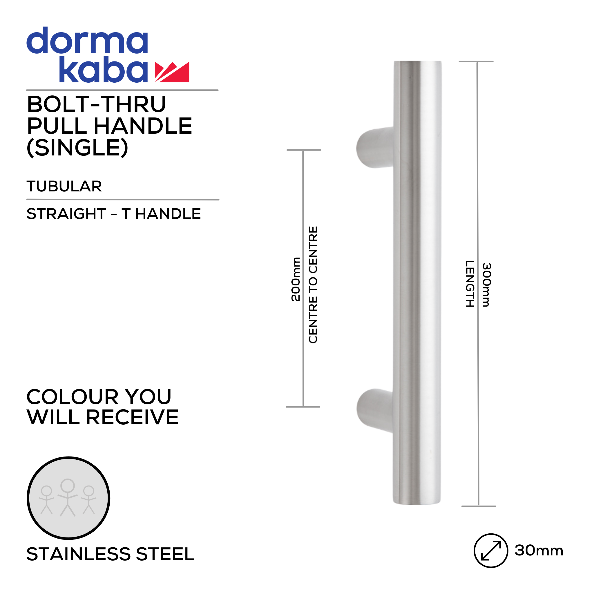DPH 210 BT, Pull Handle, Tubular, Straight, T Handle, BoltThru, 30mm (Ø) x 300mm (l) x 200mm (ctc), Stainless Steel, DORMAKABA