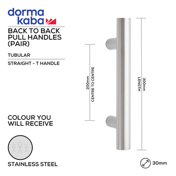 DORMAKABA Stainless Steel Pull Handle shown in main product view, giving patio and sliding doors clean stainless confidence, 30mm (Ø) x 300mm (l).