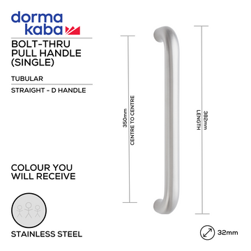 DORMAKABA Stainless Steel Pull Handle main product view for patio and sliding doors — strong stainless style, 32mm (Ø) x 382mm (l).