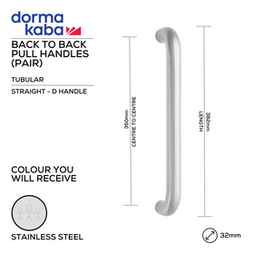 DPH 213 BTB , Pull Handle, Tubular, Straight, D Handle, BTB, 32mm (Ø) x 382mm (l) x 350mm (ctc), Stainless Steel, DORMAKABA
