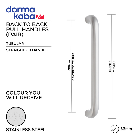 DPH 213 BTB , Pull Handle, Tubular, Straight, D Handle, BTB, 32mm (Ø) x 382mm (l) x 350mm (ctc), Stainless Steel, DORMAKABA