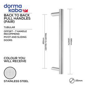 DPH 217 BT , Pull Handle, Tubular, Offset, T Handle, BoltThru, 25mm (Ø) x 590mm (l) x 450mm (ctc), Stainless Steel, DORMAKABA