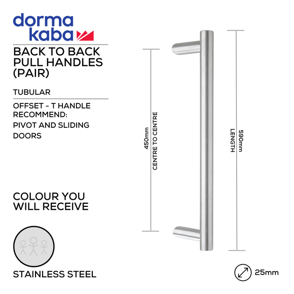 DPH 217 BT , Pull Handle, Tubular, Offset, T Handle, BoltThru, 25mm (Ø) x 590mm (l) x 450mm (ctc), Stainless Steel, DORMAKABA