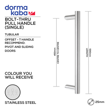 DORMAKABA Stainless Steel Pull Handle shown in main product view, giving patio and sliding doors clean stainless confidence, 25mm (Ø) x 590mm (l).
