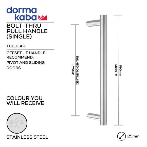 DPH 217 BTB, Pull Handle, Tubular, Offset, T Handle, BTB, 25mm (Ø) x 590mm (l) x 450mm (ctc), Stainless Steel, DORMAKABA